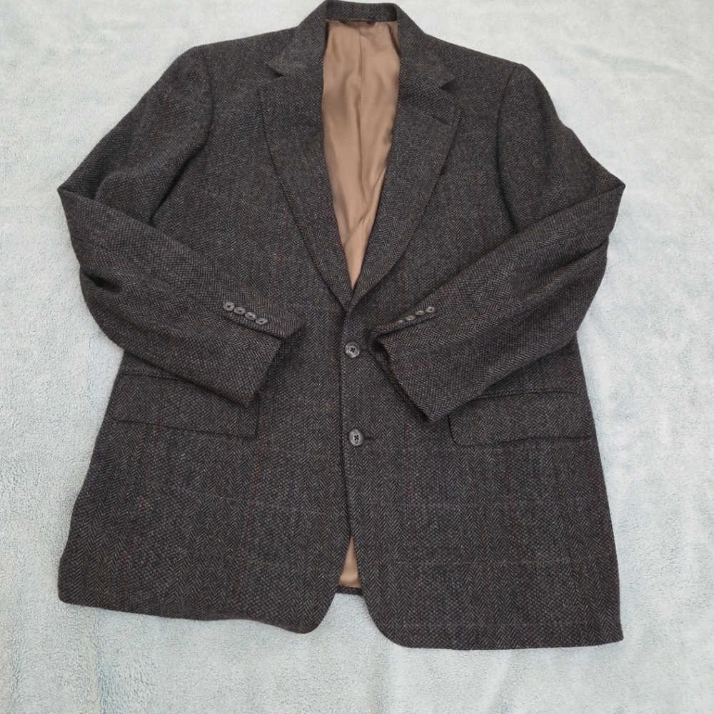 VTG Tweed Jacket L Grey Herringbone 100% Wool Blazer 44R Made in USA Sport Coat
